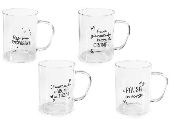 400 ml glass mug with handle and writing