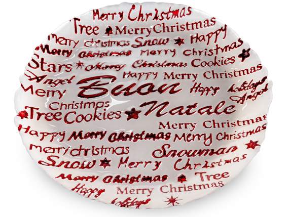 Glass food plate with embossed Christmas lettering