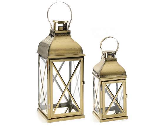 Set of 2 square-based lanterns in shiny gold-colored metal