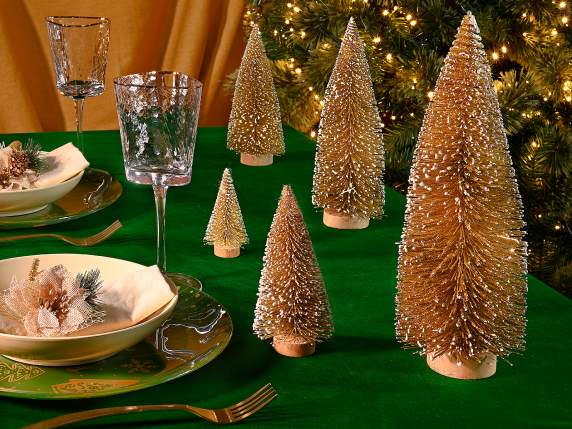 Set of 5 gold glitter snowy Christmas trees on wooden base