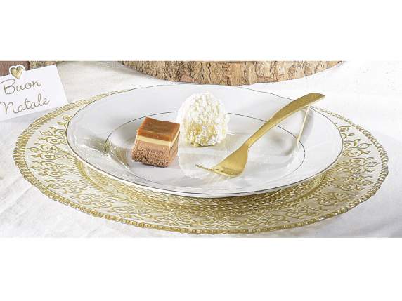 Round glass food plate with gold embroidery effect decoratio