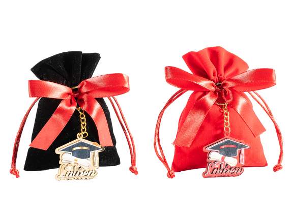 Velvet bag with wooden graduation keychain and bow
