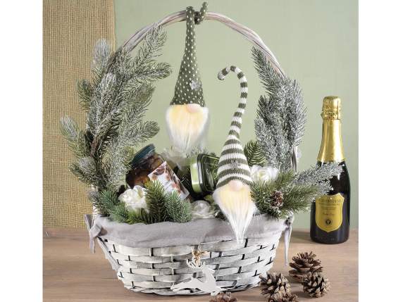 Wooden basket with rigid handle, reindeer, bow and gray fabr