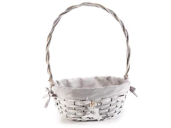 Wooden basket with rigid handle, reindeer, grey fabric bow
