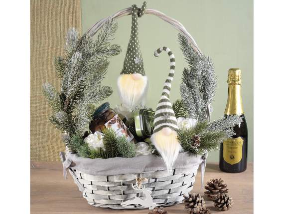 Wooden basket with rigid handle, reindeer, grey fabric bow