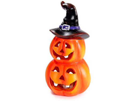 Stacked Terracotta Halloween Pumpkins with Hat and LEDs