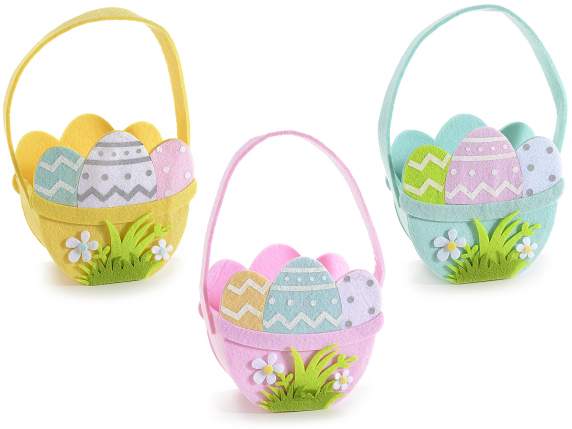 Bag in colored cloth basket with eggs