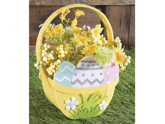 Bag in colored cloth basket with eggs