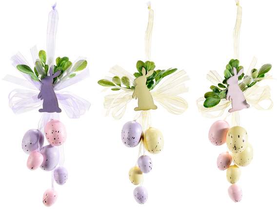 Wooden Easter Bunny with Eggs and Ribbons to Hang