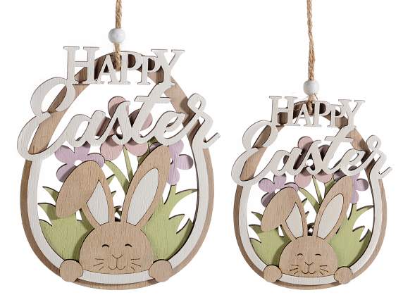 Set of 2 wooden hanging eggs with rabbit and Happy Easter