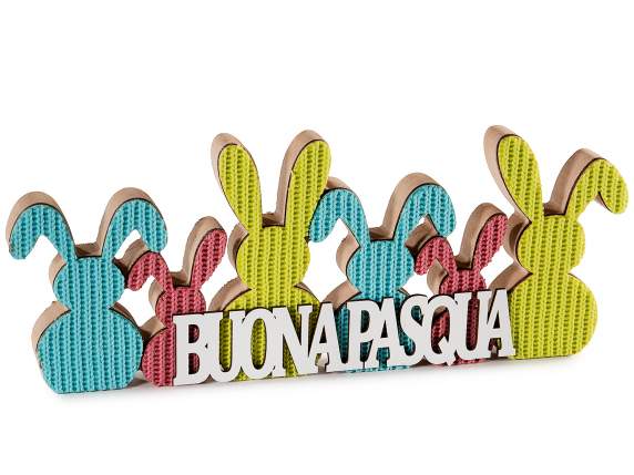 Happy Easter wooden sign with knitted bunnies