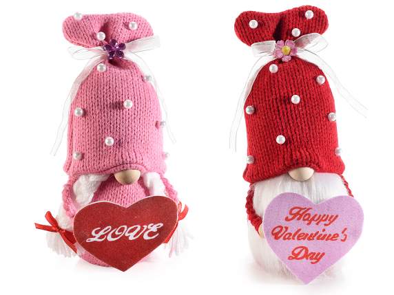 Fabric gnome with fabric heart and beads on hat