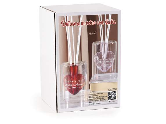 Glass air freshener with heart, 5 sticks and writing