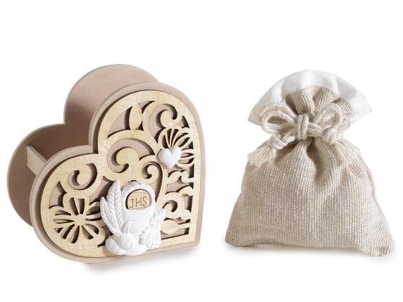 Wooden heart with plaster Communion decoration and bag with