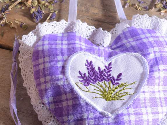 Cotton bag with lavender embroidery, lace and zip to hang