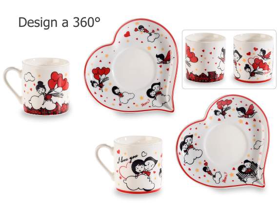 Gift set of 2 90ml cups and heart-shaped porcelain saucers