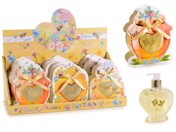 Display of 12 200ml shower gels with heart-shaped dispensers