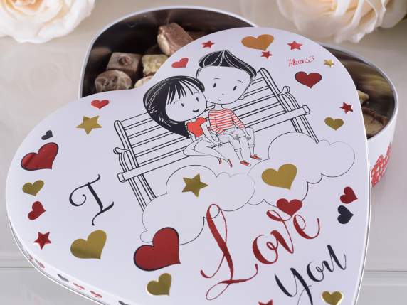 Heart-shaped metal food box with embossed decorations