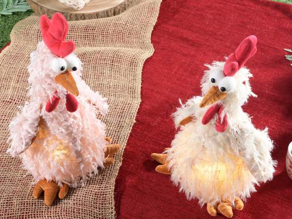 Country hen with feather effect fabric and LED lights