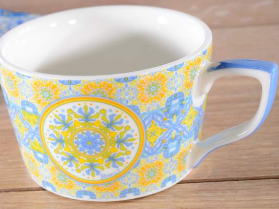 Maiolica Geometric porcelain cup and teapot set