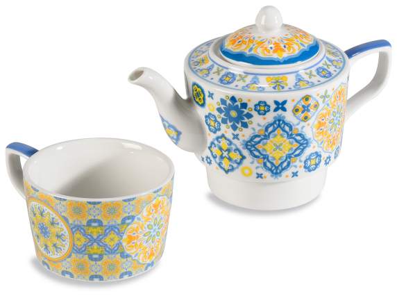 Maiolica Geometric porcelain cup and teapot set