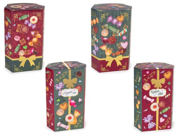 Hexagonal paper box with Christmas sweets print