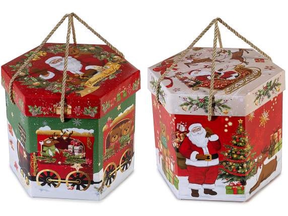 Hexagonal paper panettone box with handles and lid