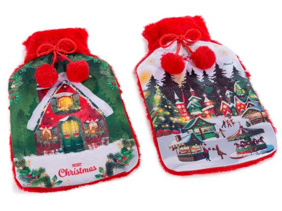 1.5 L hot water bottle with eco-fur lining and pompom