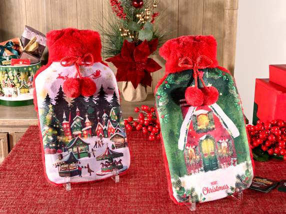 1.5 L hot water bottle with eco-fur lining and pompom