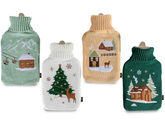 1.5 L hot water bottle with knitted cover and embroidery