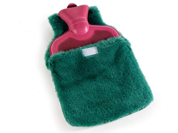 Hot water bottle with soft eco-fur lining and pom poms