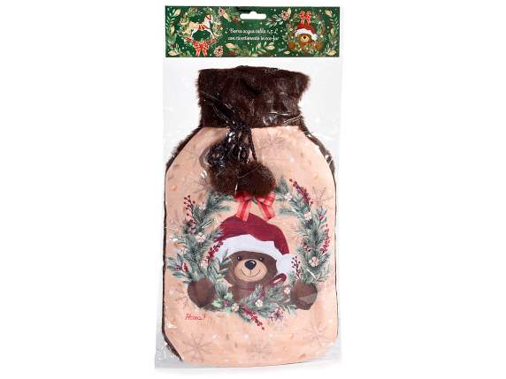 Hot water bottle with soft eco-fur lining and pom poms