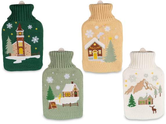 Hot water bottle 1.7 L with knitted cover and embroidery