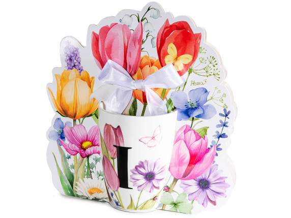 300ml porcelain mug with floral print and letter I