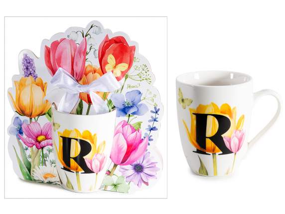 300ml porcelain mug with floral print and letter R