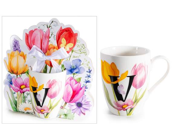 300ml porcelain mug with floral print and letter V