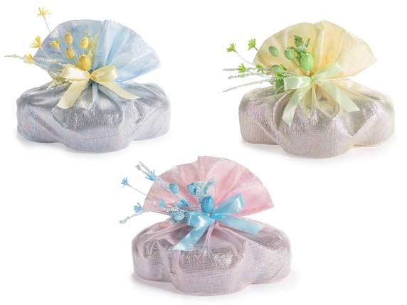 Dove-holder bag made of iridescent fabric and bunch of eggs