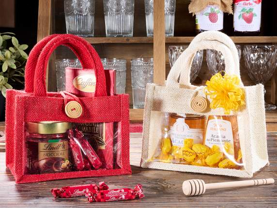 Jute bag with gold lurex, window, handles and button