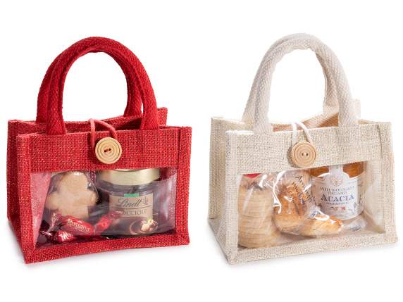 Jute bag with gold lurex, window, handles and button