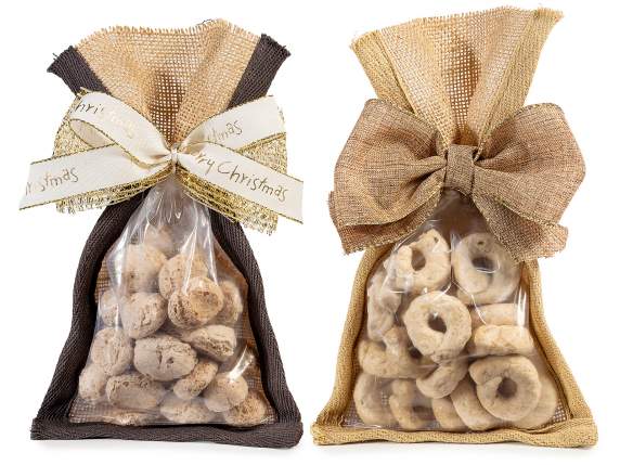 Small jute and plastic food bag with colored edges