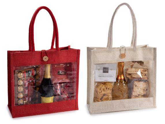 Jute bag with gold lurex, window, handles and button