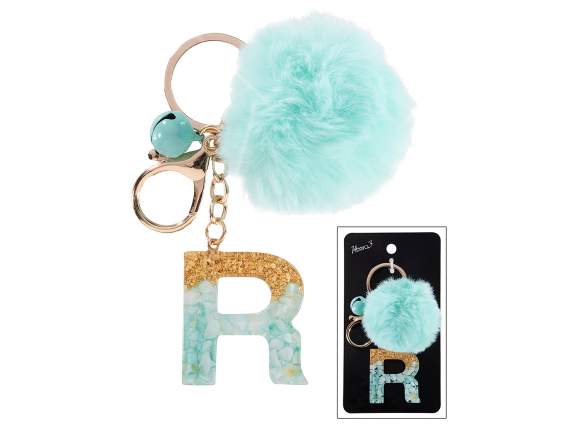 Resin keychain - charm letter R with pompom in card