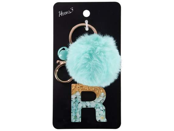 Resin keychain - charm letter R with pompom in card