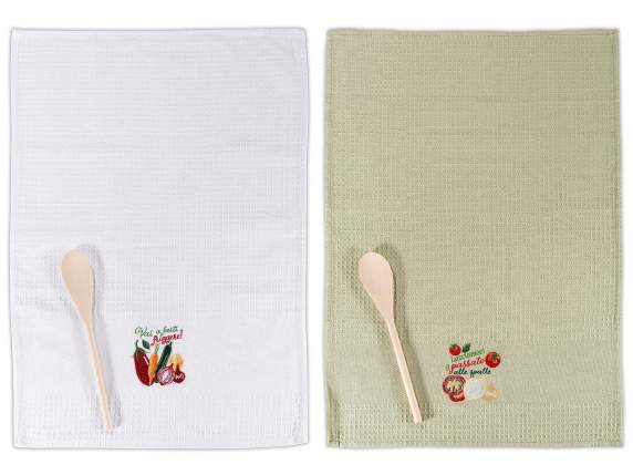 Embroidered vegetable dish towel in cotton with wooden spoon