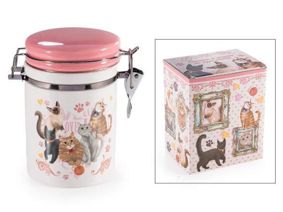 Ceramic food jar with cat decorations and airtight lid