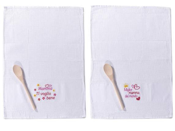 Embroidered cotton mum dish towel with wooden spoon