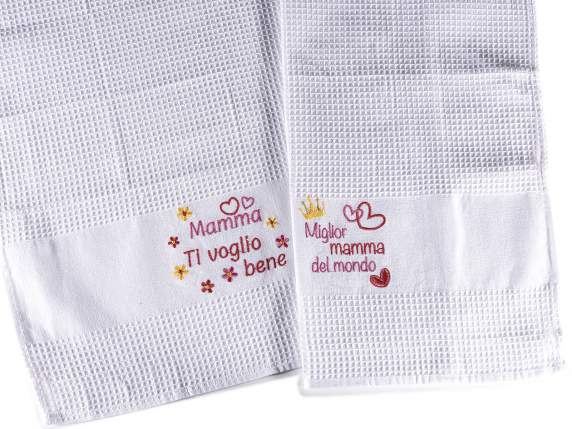 Embroidered cotton mum dish towel with wooden spoon