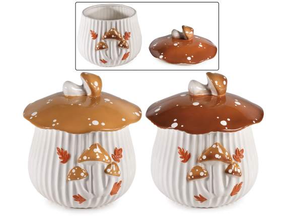 Ceramic mushroom food jar with embossed decorations