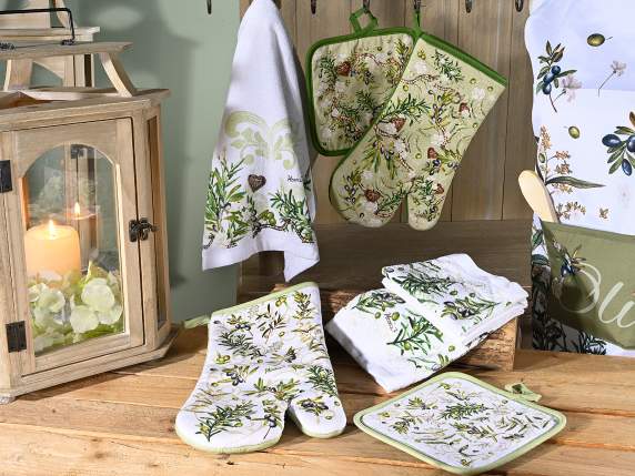 Olive cotton kitchen glove, pot holder and dish towel set