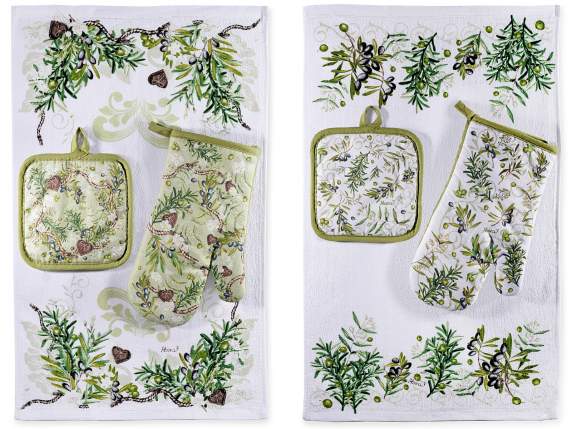 Olive cotton kitchen glove, pot holder and dish towel set